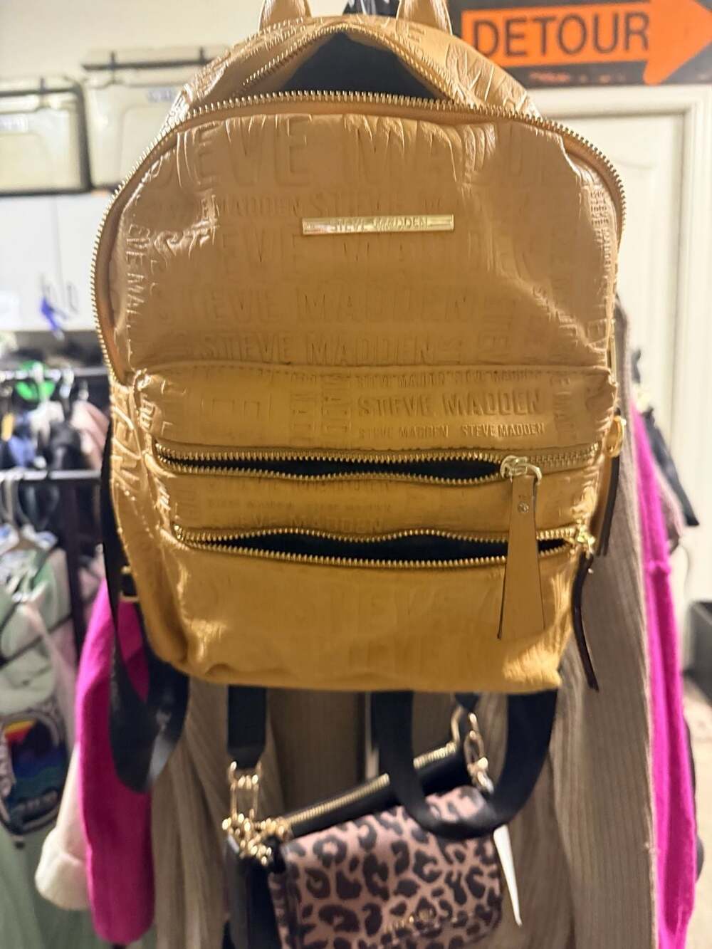 Steve Madden Embossed Logo Mini Backpack Tan Gold